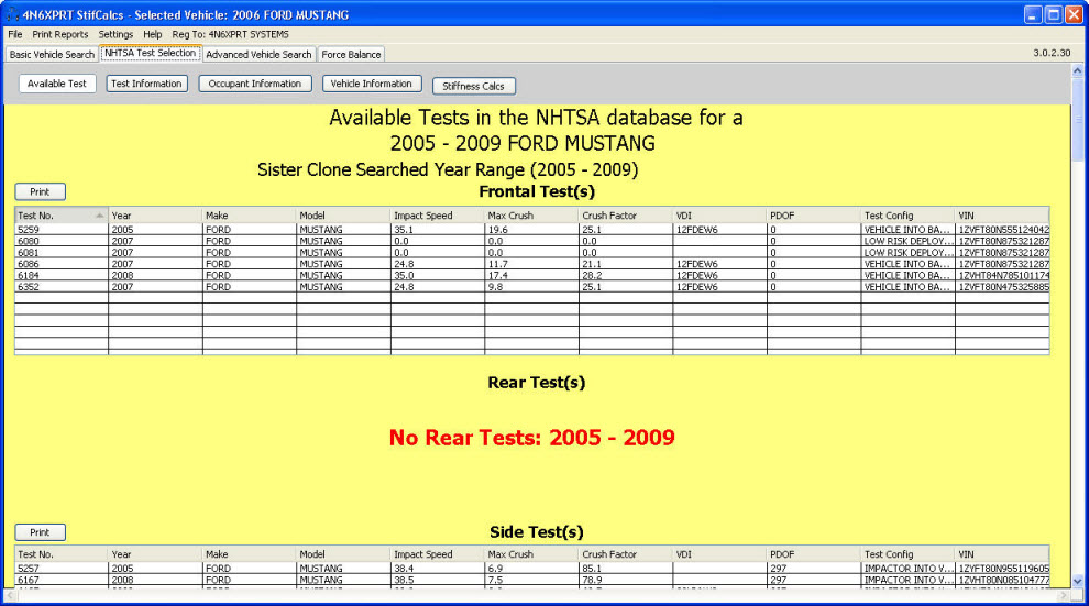 Available Ford Mustang Tests in NHTSA crash test database